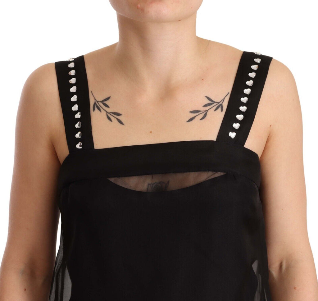 Robe courte en soie noire Dolce & Gabbana avec cristaux, coupe ajustée et élégante, adaptée pour une tenue sophistiquée.