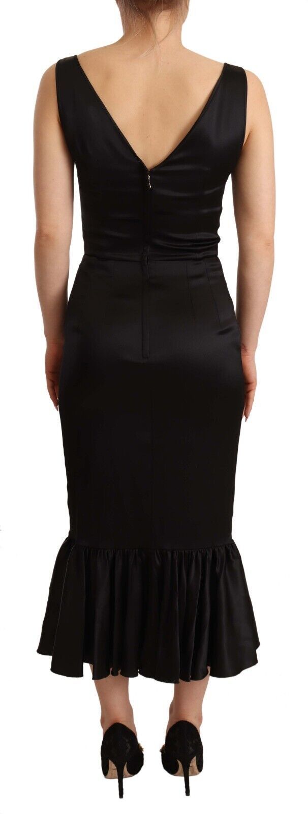 Robe midi sirène en soie noire stretch de Dolce & Gabbana, coupe ajustée et élégante, vue de face.