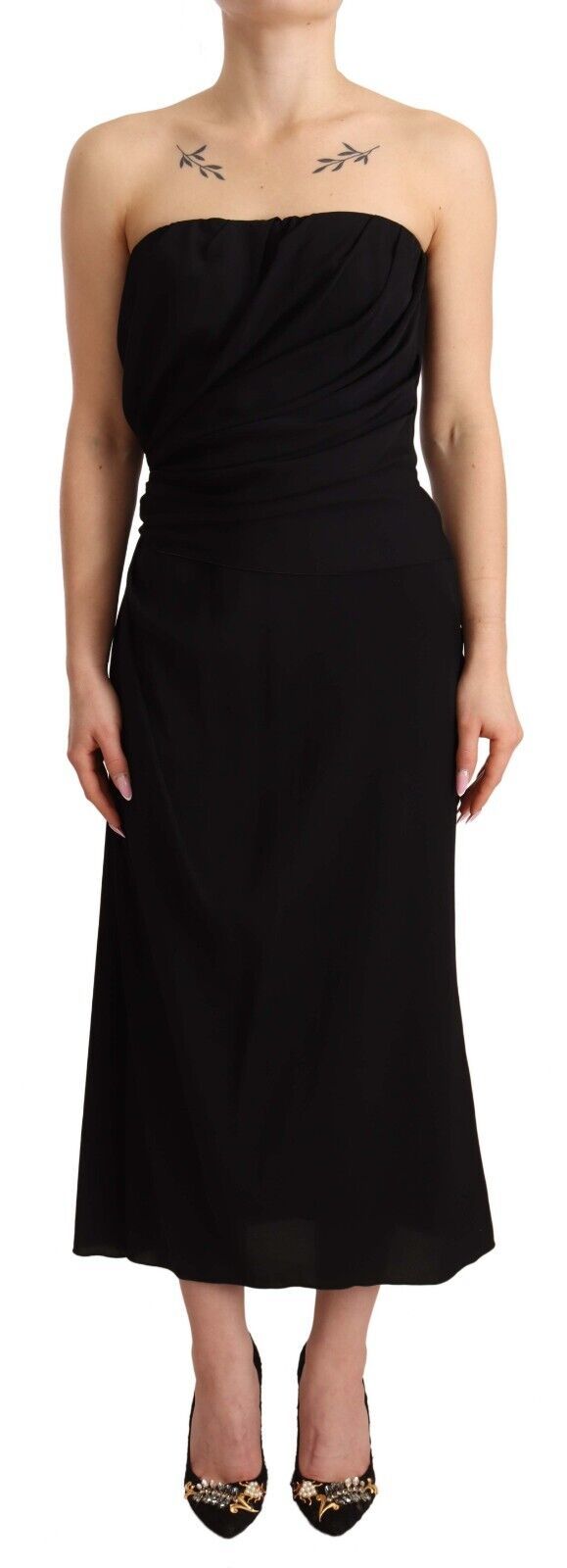 Robe midi bustier en soie noire de Dolce & Gabbana, robe ajustée sans bretelles avec finition élégante et tissu stretch.