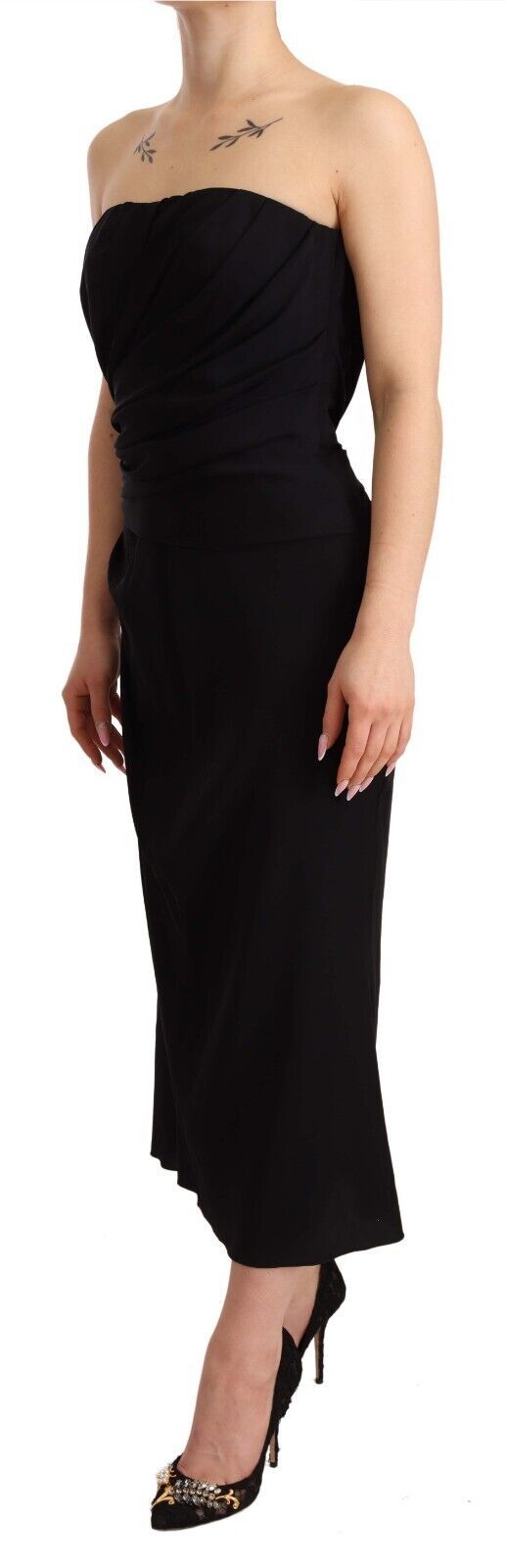 Robe midi noire en soie stretch de Dolce & Gabbana, robe bustier sans bretelles élégante et ajustée.