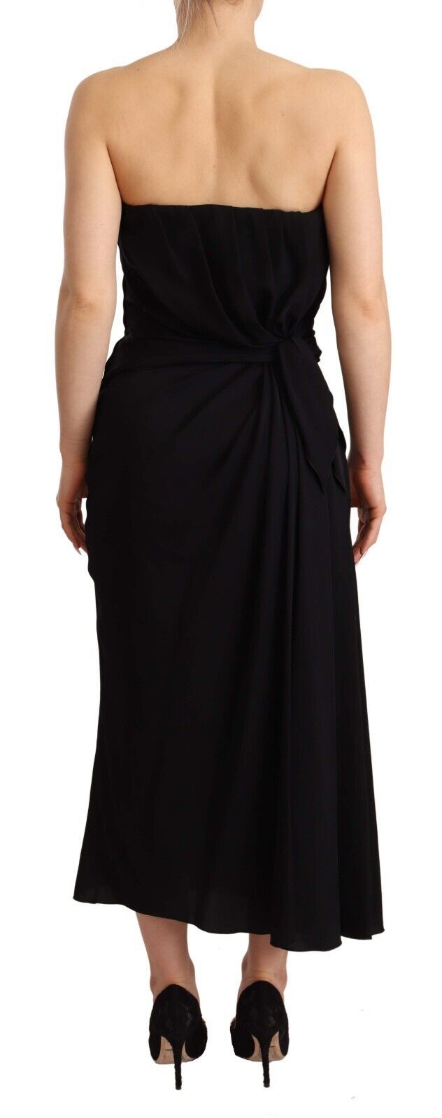 Robe midi noire en soie stretch sans bretelles de Dolce & Gabbana, coupe élégante et ajustée.