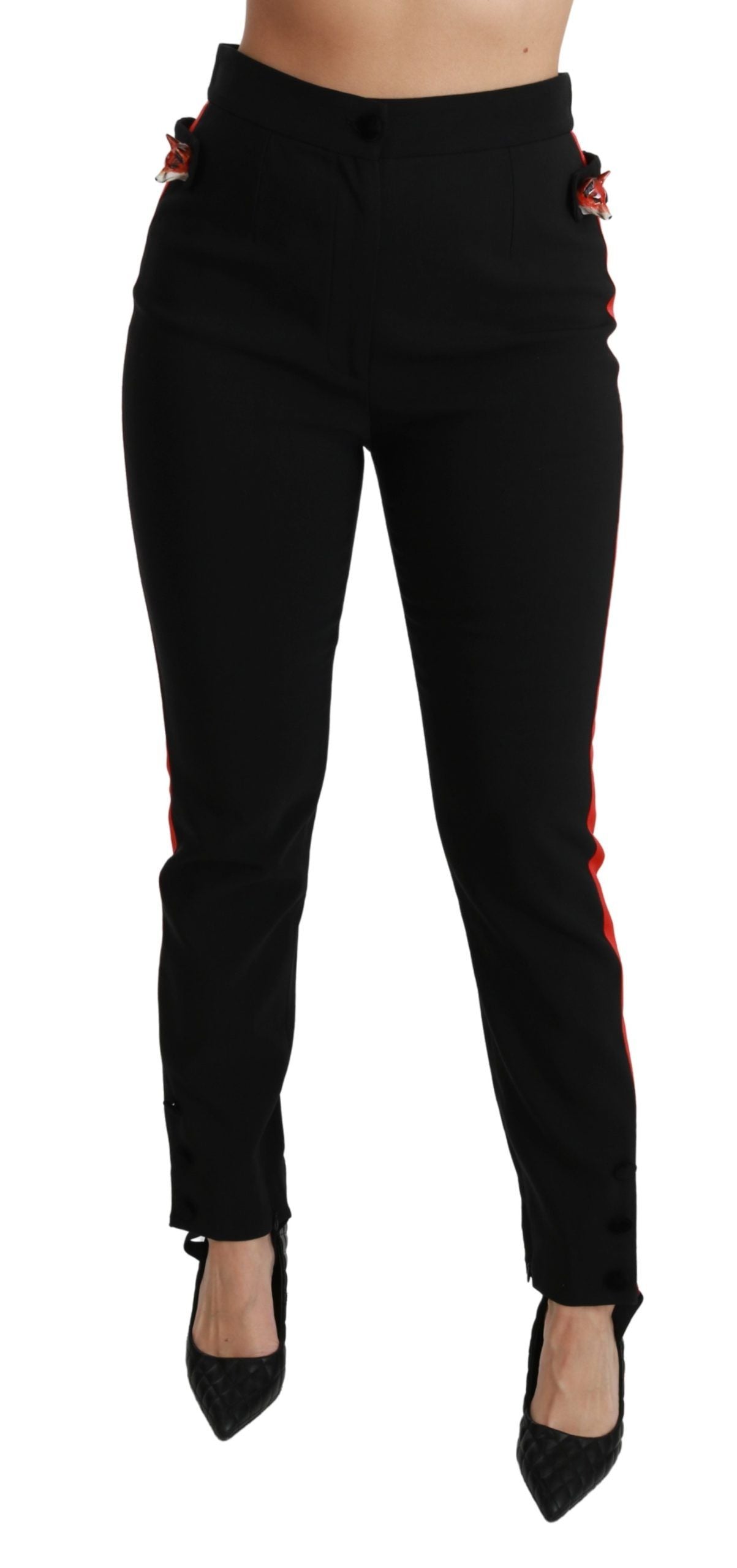 Pantalon noir skinny en coton avec motif de tête de renard, signé Dolce & Gabbana, coupe stretch élégante.