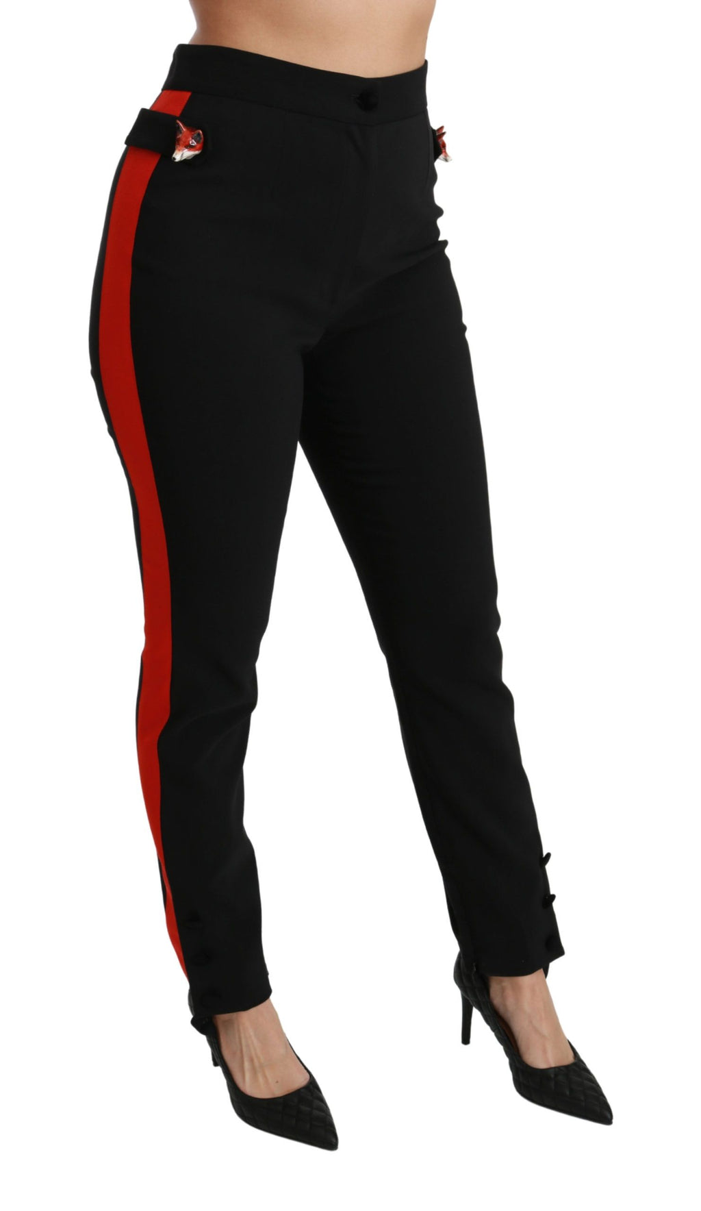 Pantalon noir skinny en coton Dolce & Gabbana avec motif tête de renard stretch, ajusté et élégant pour femmes.