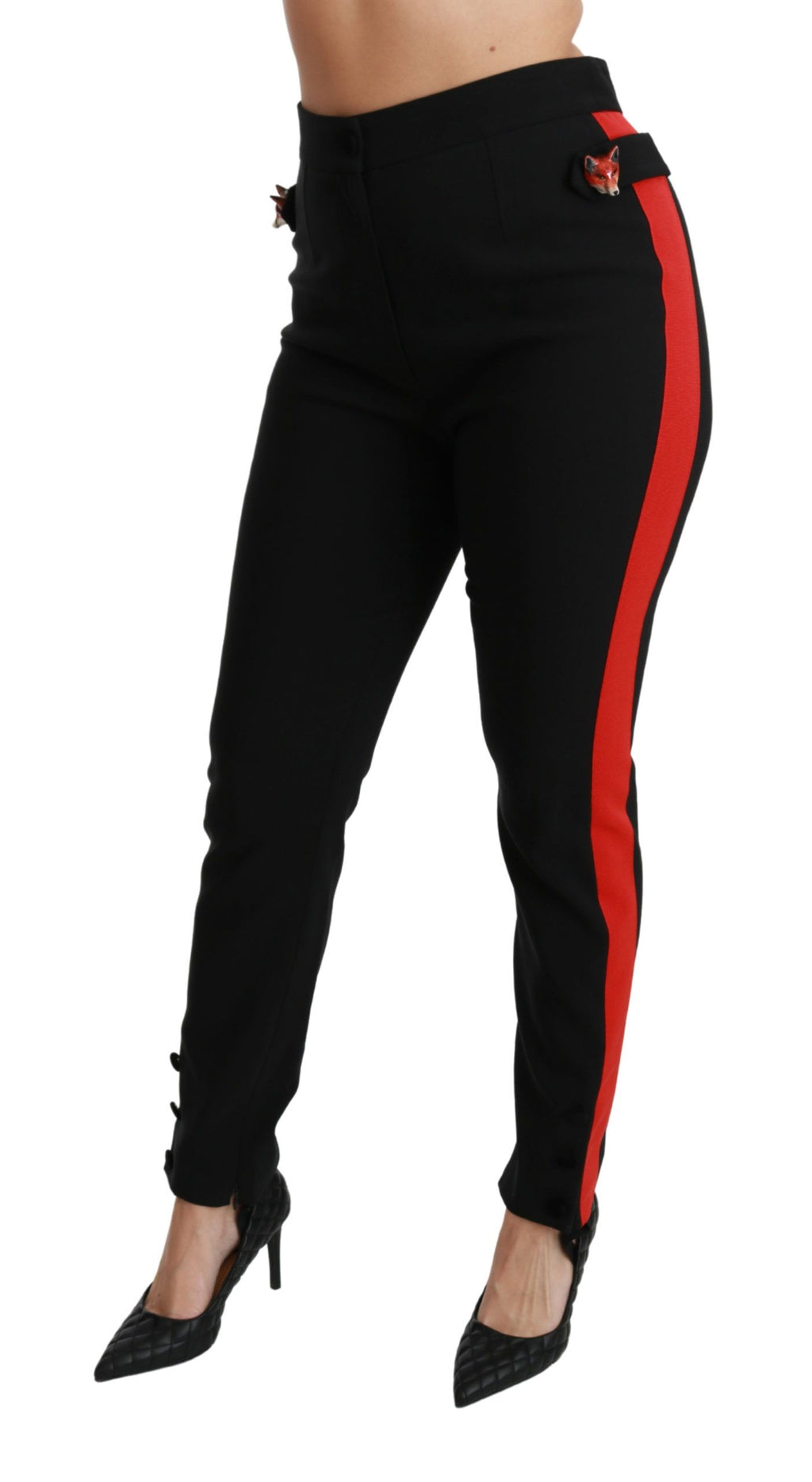 Pantalons skinny noir Dolce & Gabbana en coton avec motif de tête de renard, stretch et ajustés.