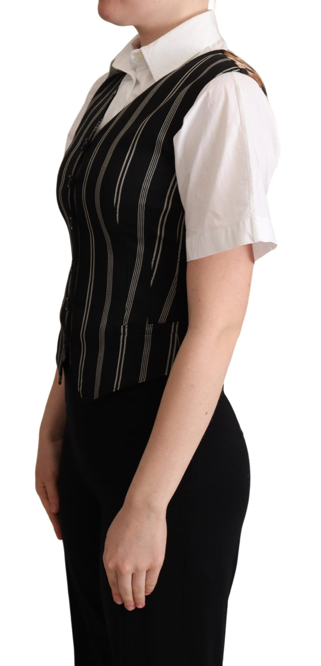 Gilet sans manches Dolce & Gabbana à rayures noires et imprimé léopard, ajusté à la taille, pour un style élégant et tendance.