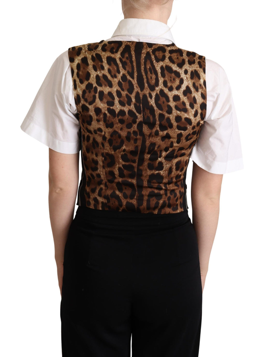Gilet noir à rayures et imprimé léopard Dolce & Gabbana, veste cintrée élégante pour homme.