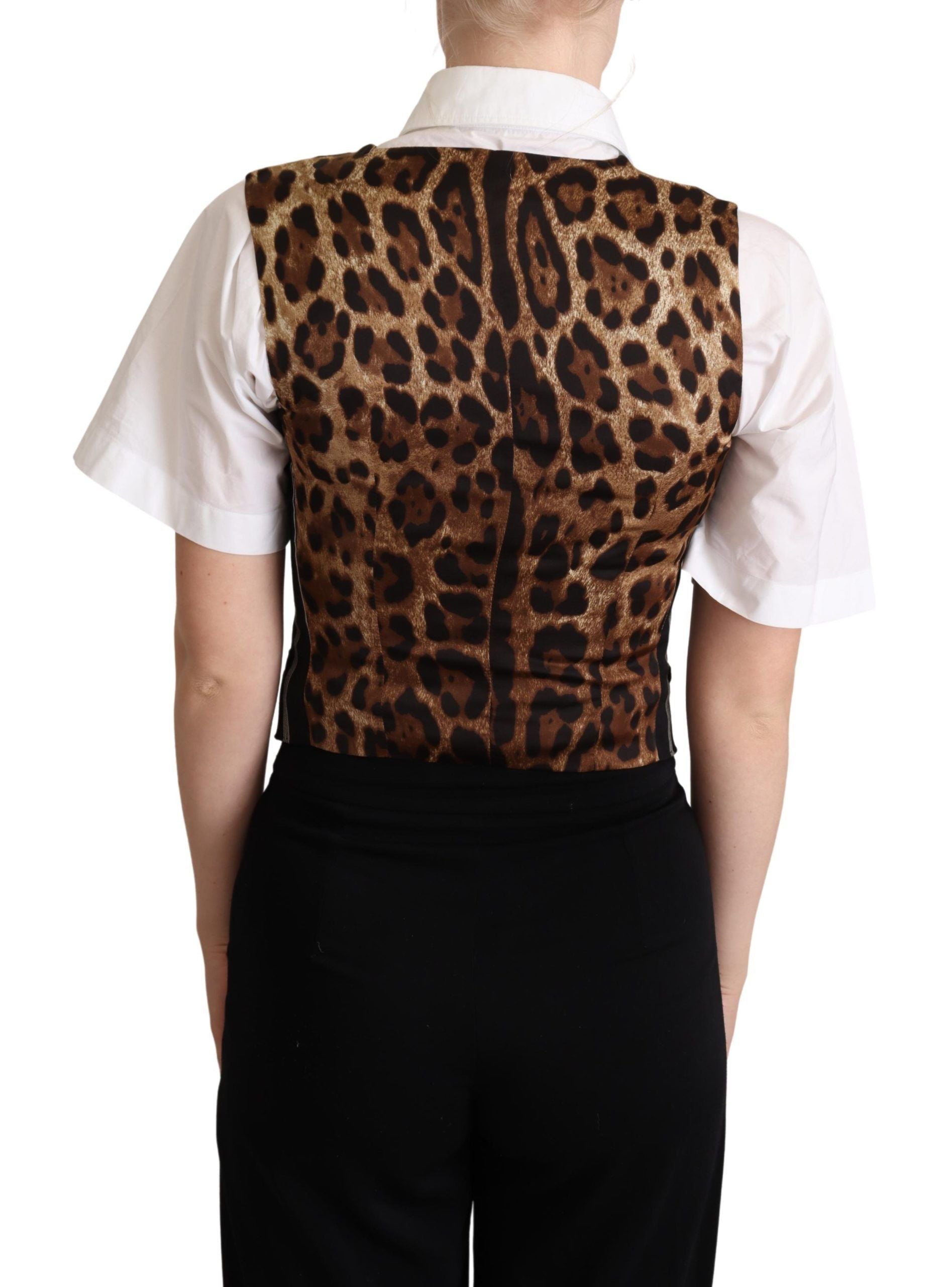 Gilet noir à rayures et imprimé léopard Dolce & Gabbana, veste cintrée élégante pour homme.