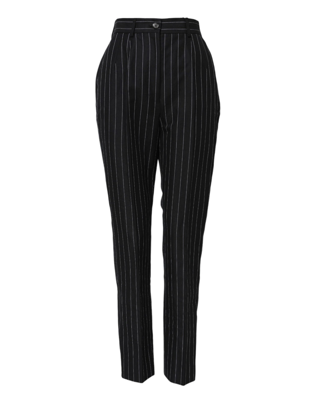 Pantalon noir à rayures, taille haute et coupe tapered, de la marque Dolce & Gabbana, porté sur un mannequin.