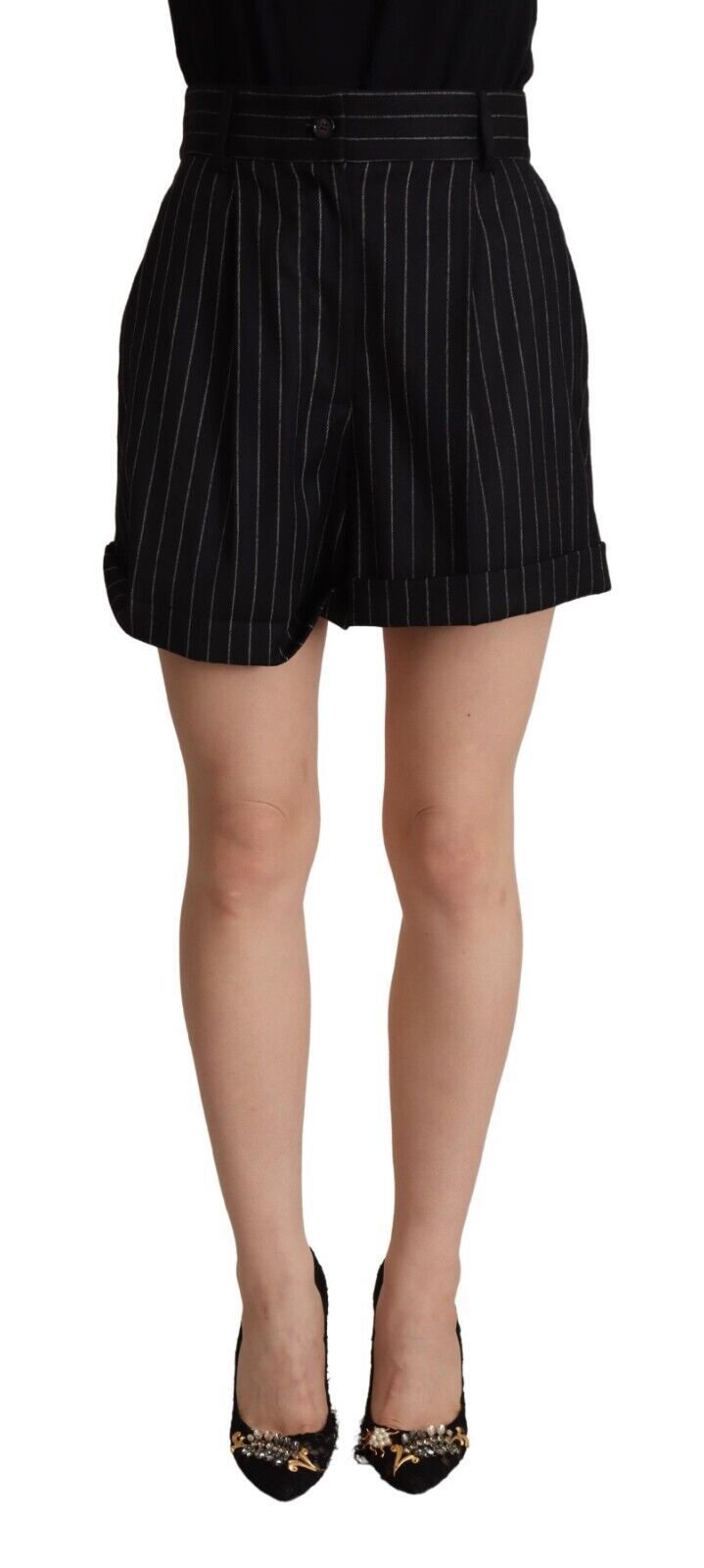 Dolce & Gabbana Black Stripes Wool High Waist Trouser Bermuda Shorts - La luxence