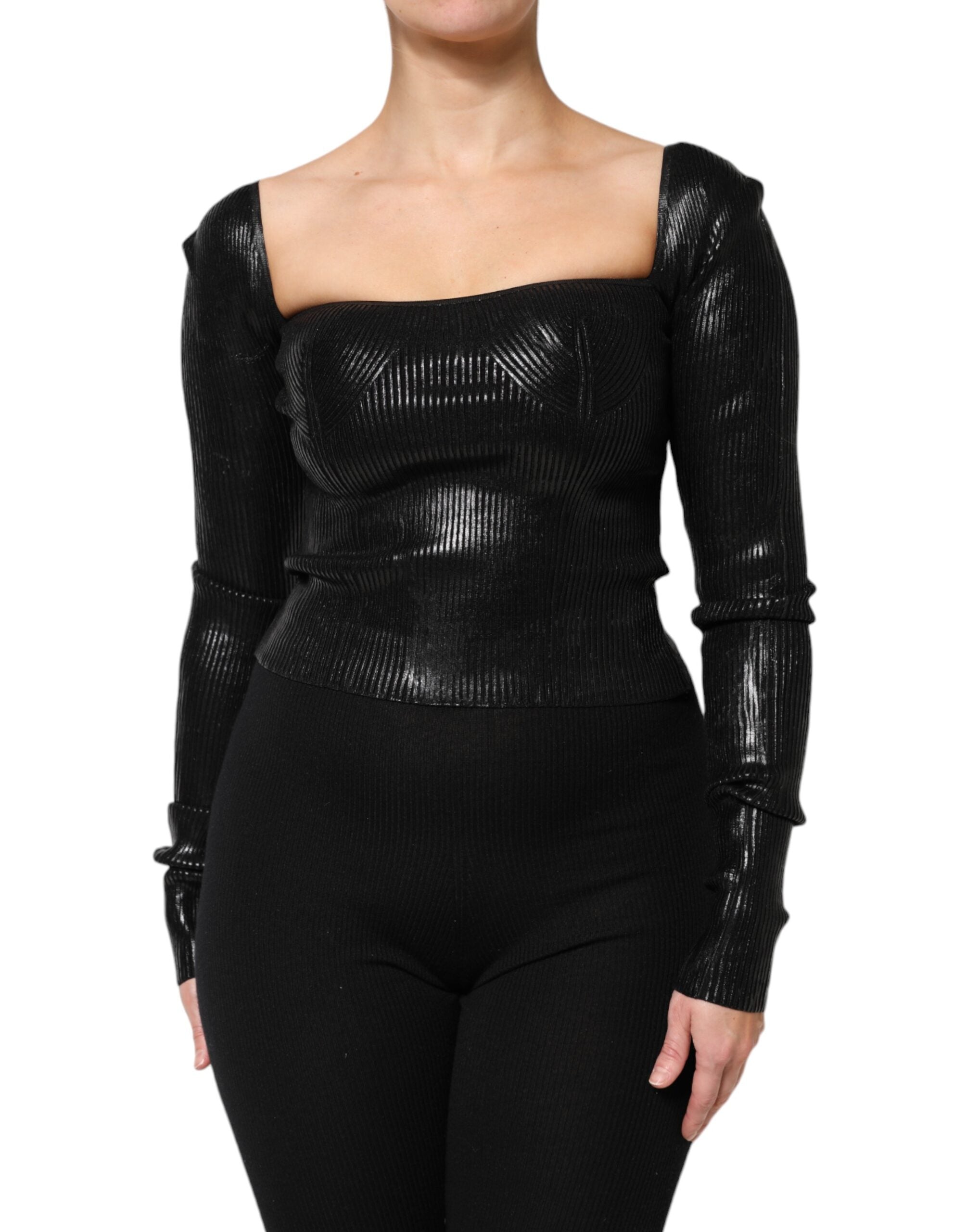 Chemise Dolce & Gabbana en viscose noire à manches longues, coupe ajustée, vue de face.