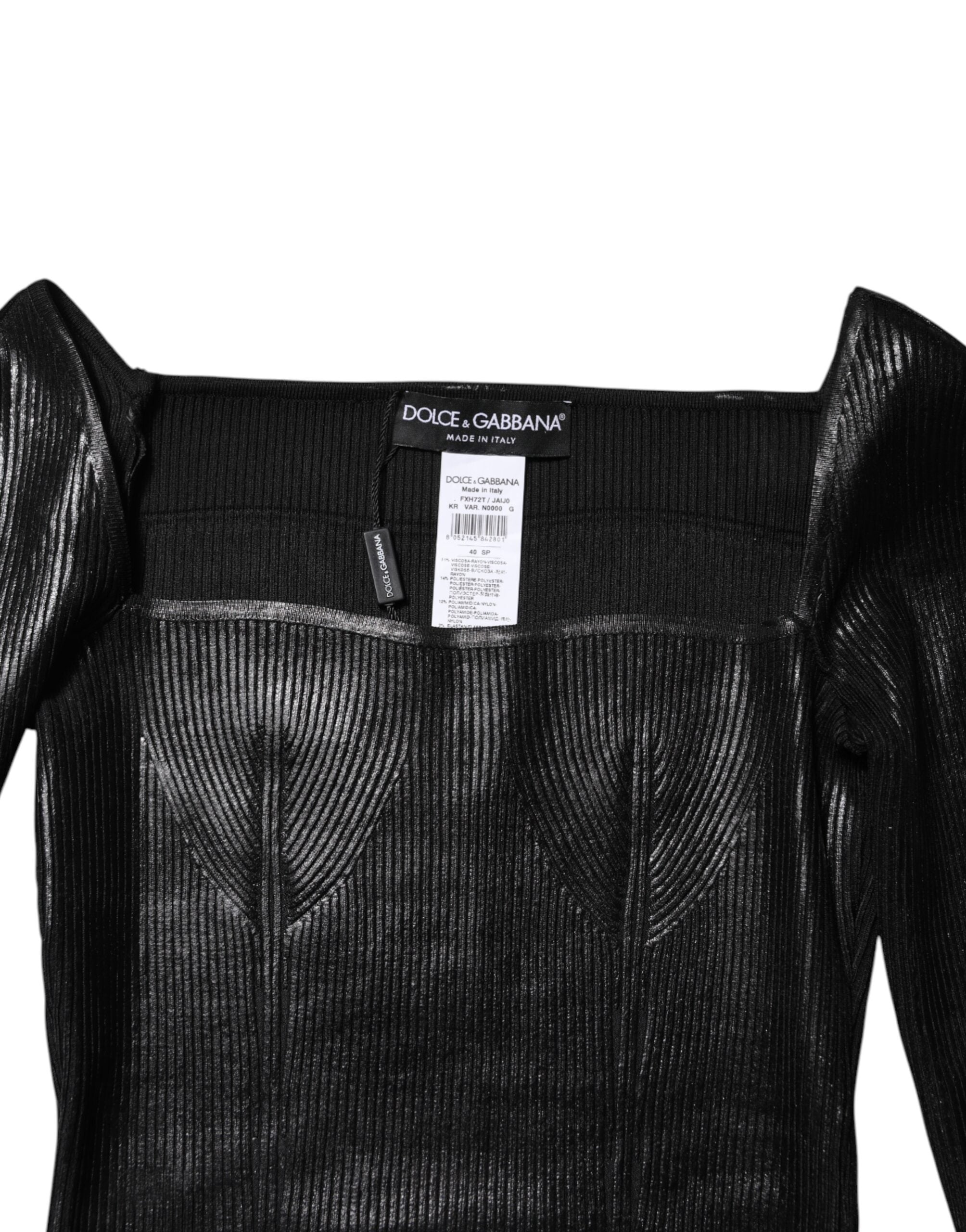 Haut noir Dolce & Gabbana en viscose à manches longues, coupe ajustée, vue de face sur fond blanc.