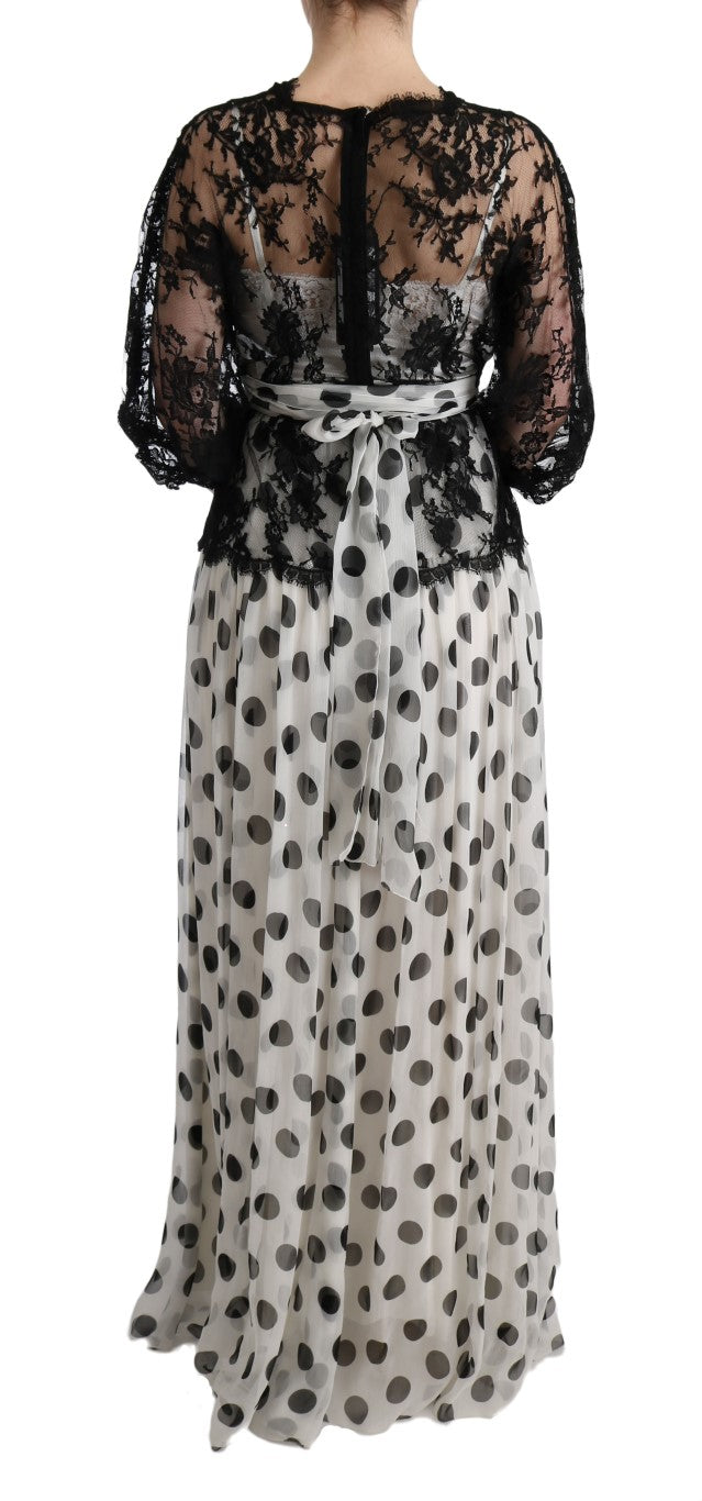 Robe fleurie à pois noir et blanc de Dolce & Gabbana, style élégant et féminin, avec motifs floraux et pois.