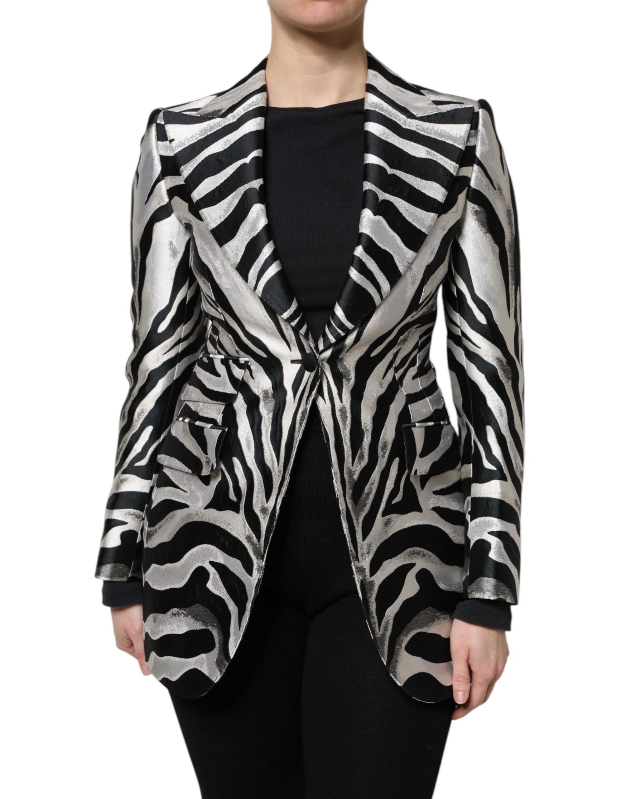 Blazer pour femmes Dolce & Gabbana en polyester noir et blanc, veste élégante avec coupe sophistiquée.