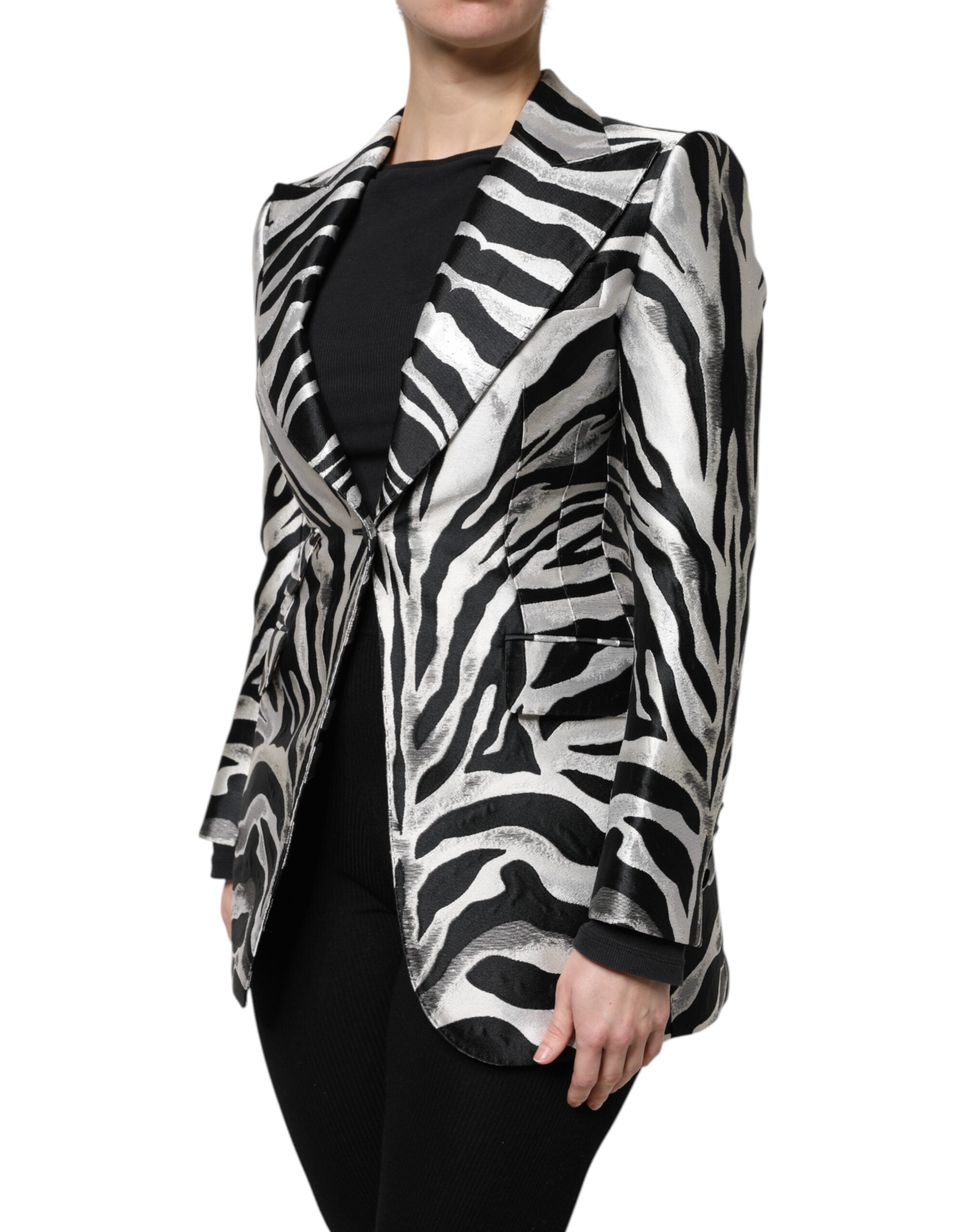 Veste blazer femme en polyester noir et blanc de Dolce & Gabbana, élégante, ajustée avec col classique et manches longues.