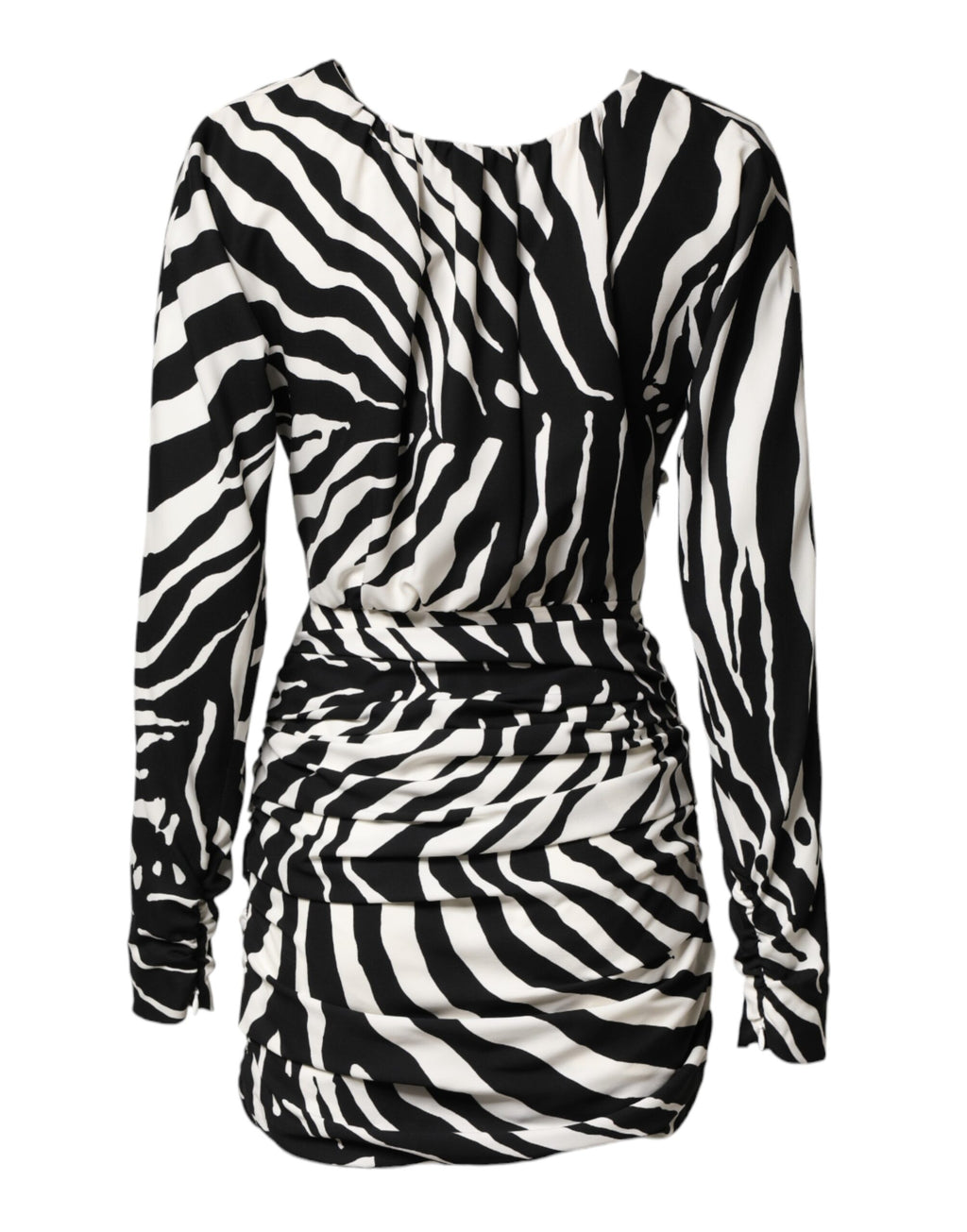 Robe courte en soie noire et blanche à motif zèbre, style robe trapèze Dolce & Gabbana, élégante et sophistiquée.