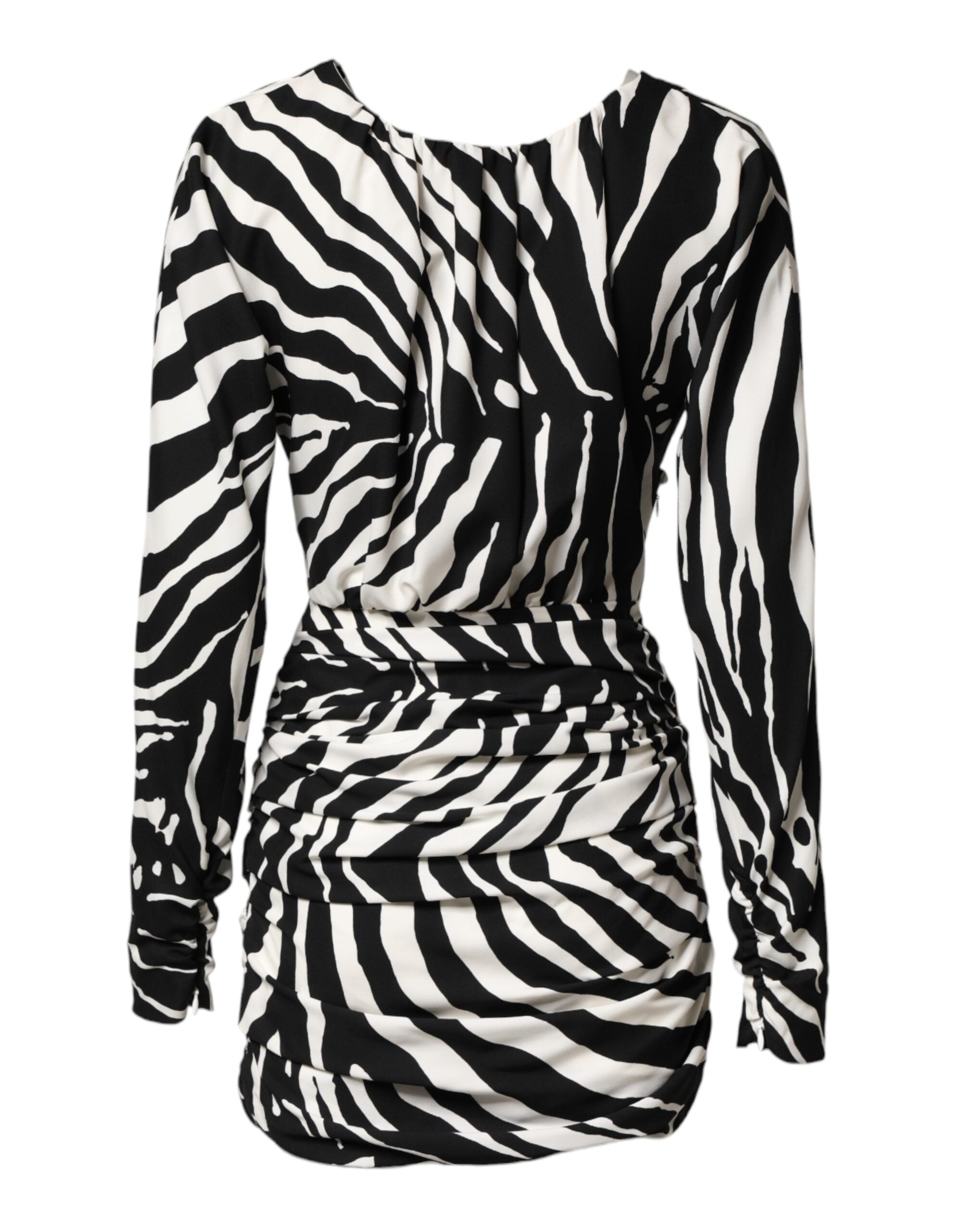 Robe courte en soie noire et blanche à motif zèbre, style robe trapèze Dolce & Gabbana, élégante et sophistiquée.