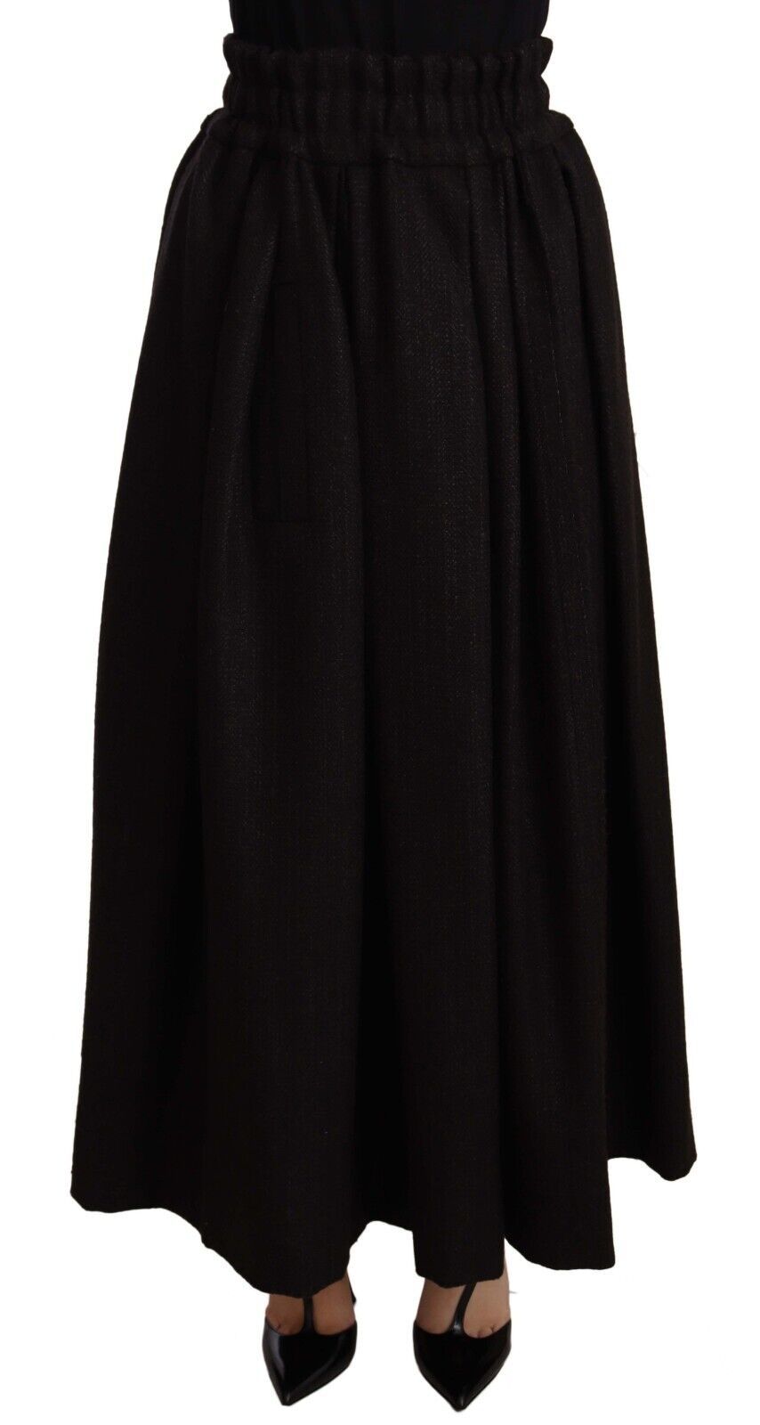 Jupe longue maxi en laine noire Dolce & Gabbana à taille haute, détails élégants et coupe fluide.