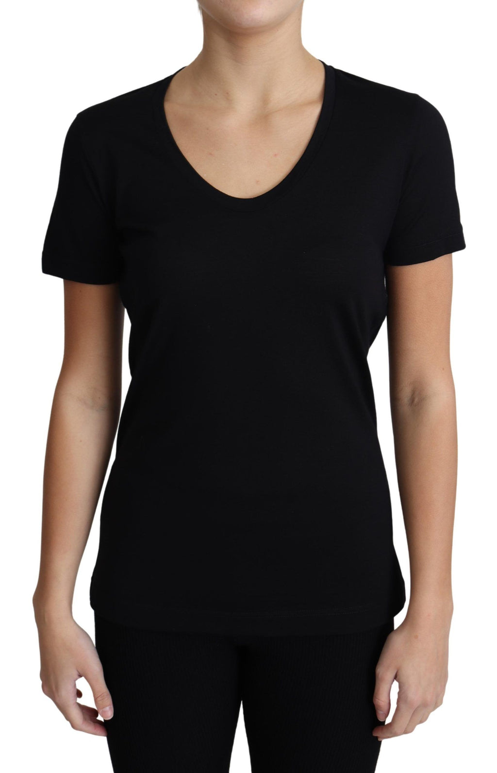 T-shirt noir en laine à col rond et manches courtes de Dolce & Gabbana, vue de face.