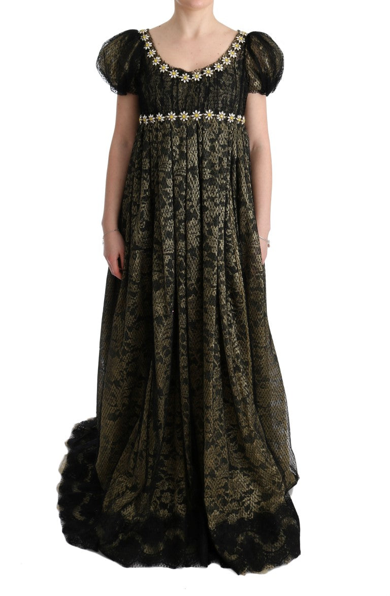Robe cache-cœur noire et jaune Dolce & Gabbana en dentelle avec cristaux, coupe shift élégante et moderne.