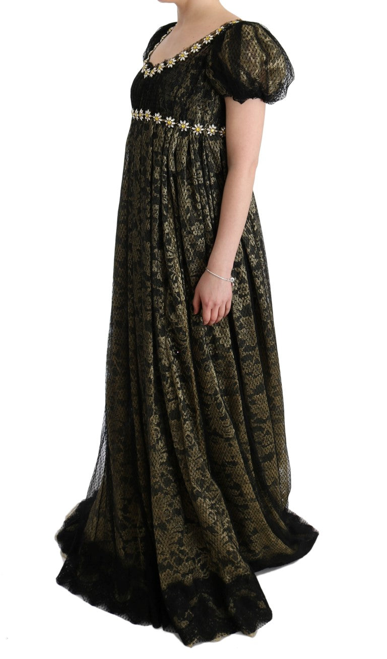 Robe de soirée noire et jaune Dolce & Gabbana en dentelle avec cristaux, coupe droite élégante, vue de face.