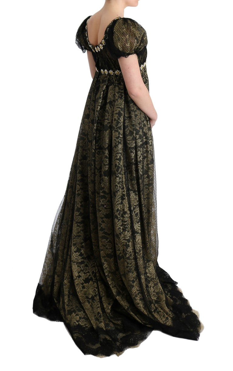 Robe chemise Dolce & Gabbana noire et jaune en dentelle avec cristaux, style élégant et moderne.