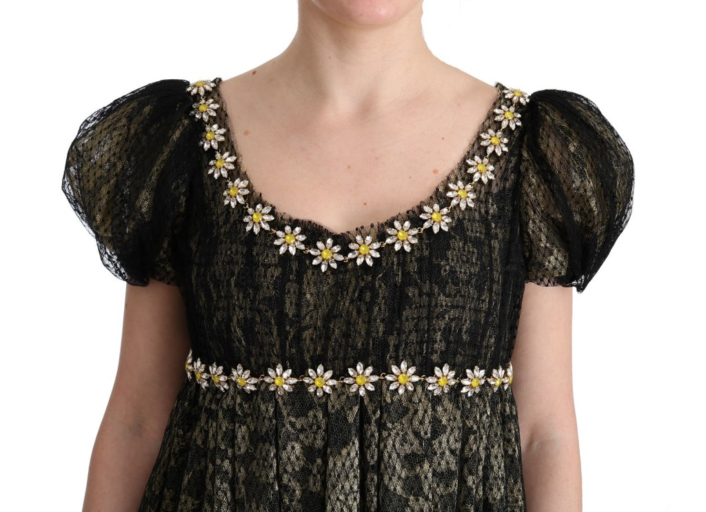 Robe trapèze noire et jaune en dentelle et cristaux de Dolce & Gabbana, élégante et sophistiquée.