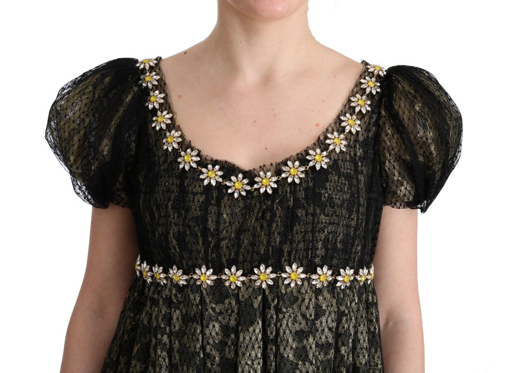 Robe trapèze noire et jaune en dentelle et cristaux de Dolce & Gabbana, élégante et sophistiquée.