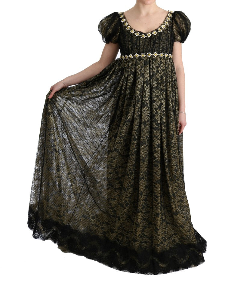 Robe droite noire et jaune en dentelle et cristal de Dolce & Gabbana, élégante et sophistiquée, vue de face.