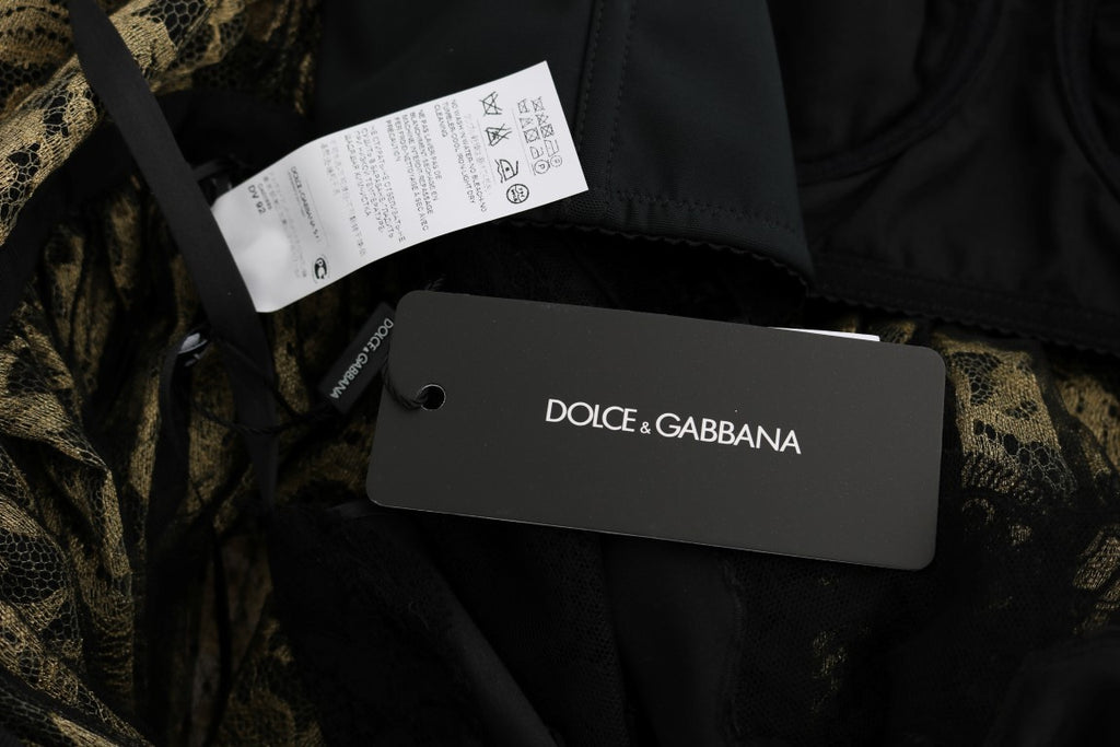 Robe droite Dolce & Gabbana noire et jaune en dentelle avec cristaux, élégant vêtement de soirée pour femme.