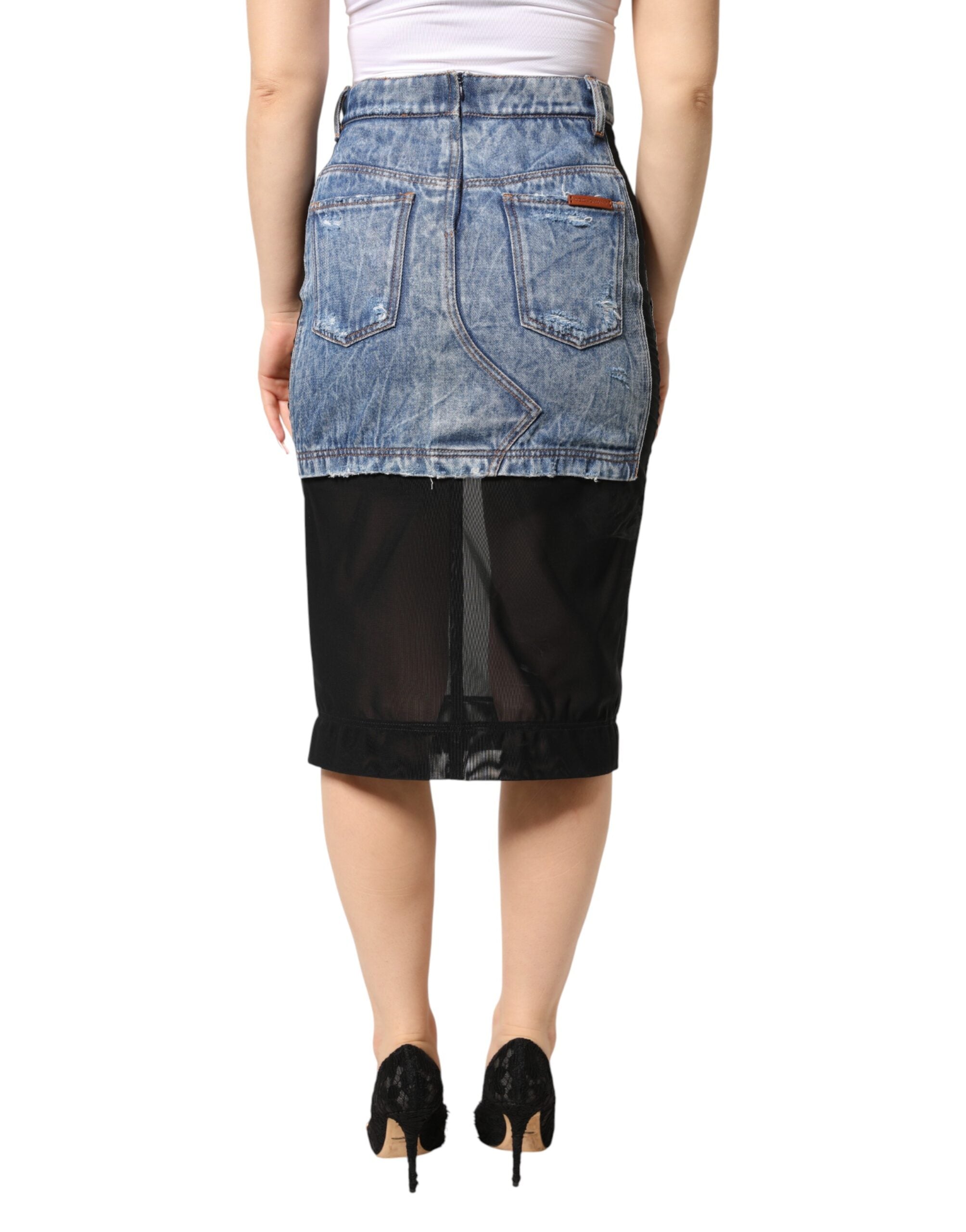 Jupe midi en denim en coton noir et bleu transparent de Dolce & Gabbana, style élégant et moderne, vue de face.