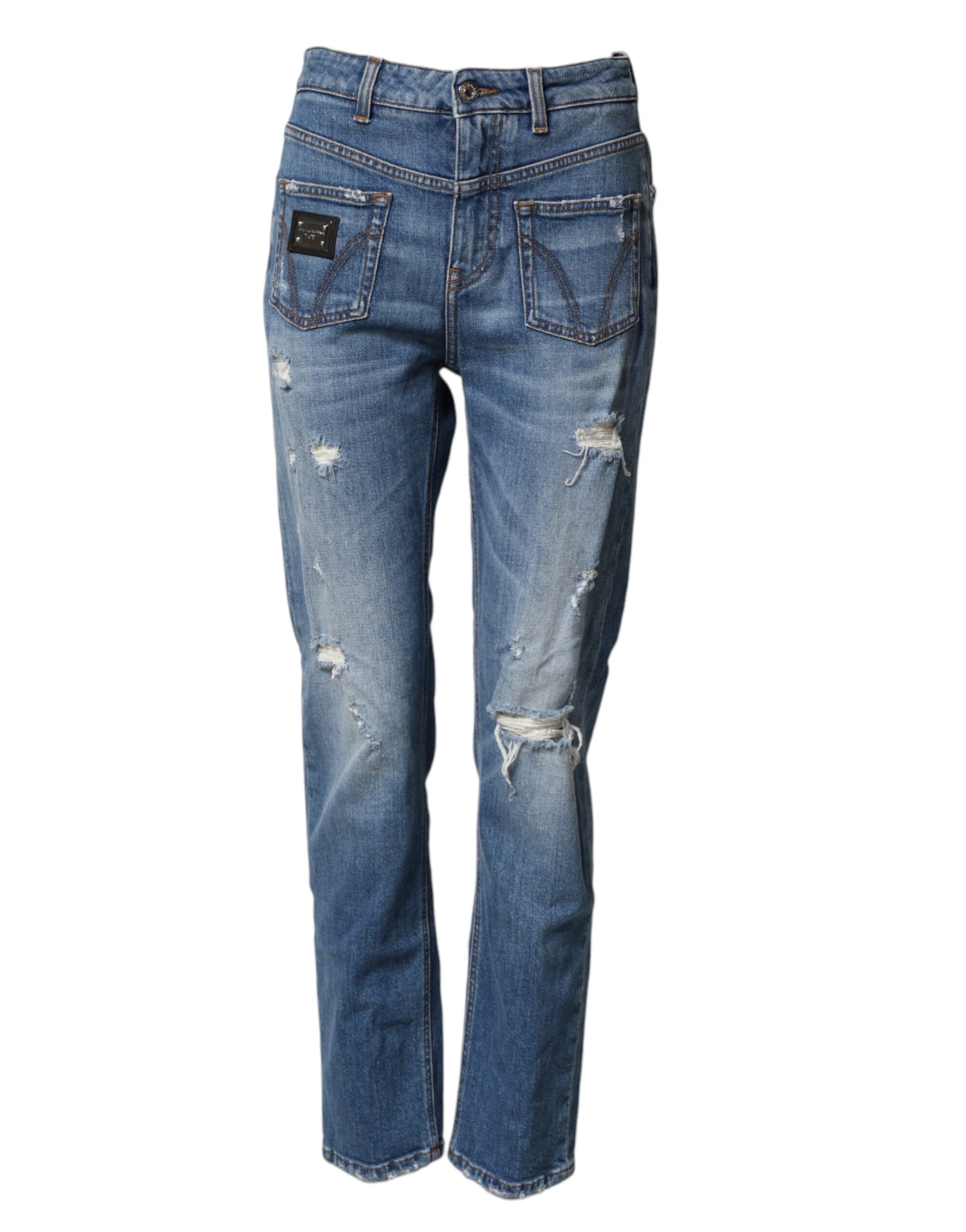 Jeans en denim coton délavé et usé de Dolce & Gabbana, coupe décontractée avec détails de déchirures.