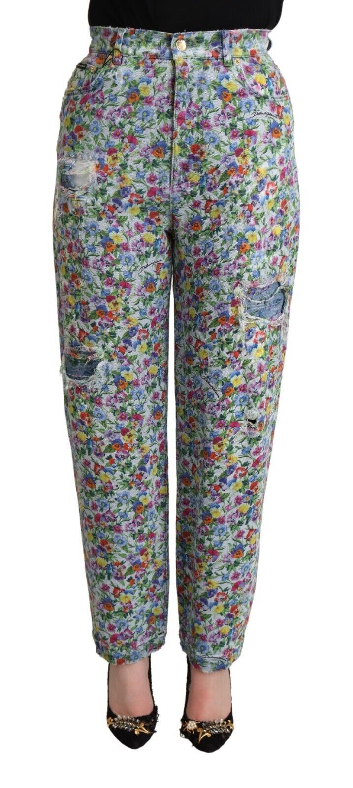 Dolce & Gabbana Blue Floral Print High Waist Denim Tapered Jeans - La luxence