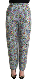 Dolce & Gabbana Blue Floral Print High Waist Denim Tapered Jeans - La luxence