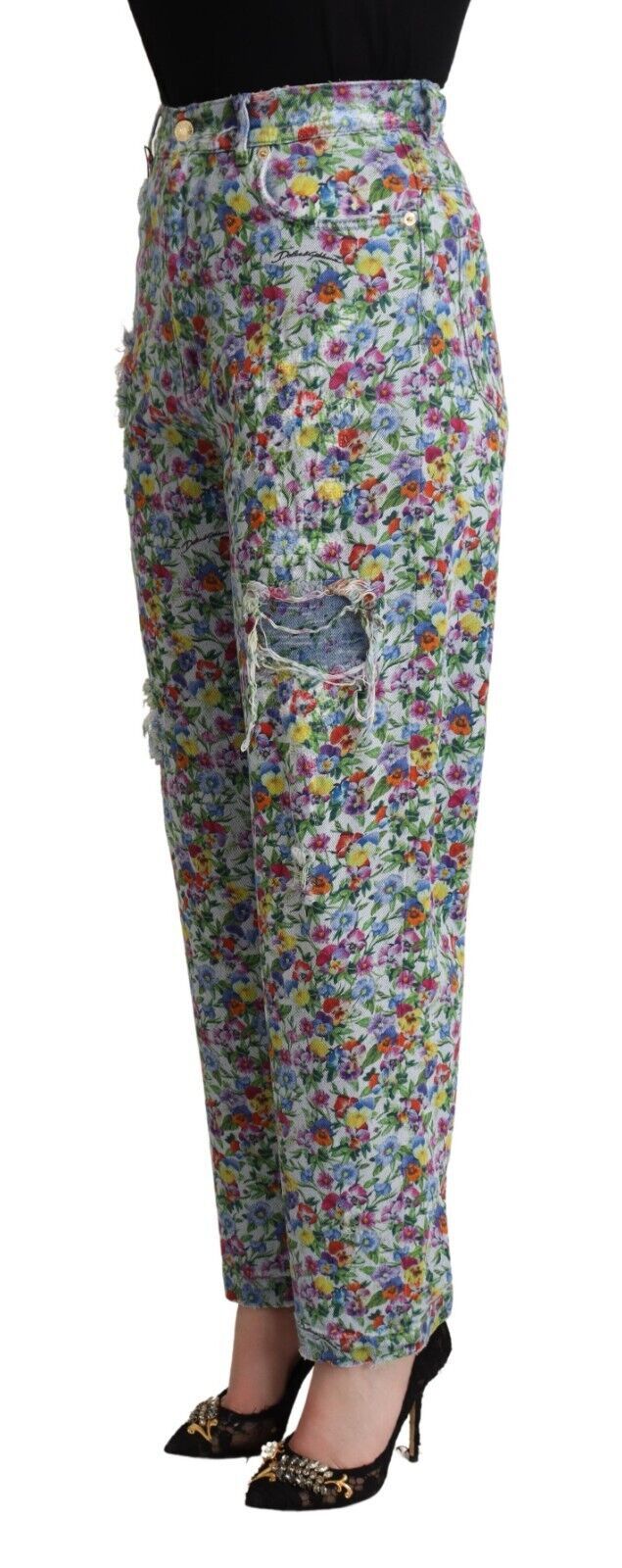 Dolce & Gabbana Blue Floral Print High Waist Denim Tapered Jeans - La luxence