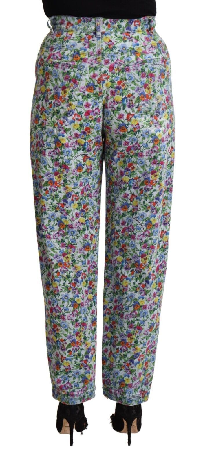 Dolce & Gabbana Blue Floral Print High Waist Denim Tapered Jeans - La luxence