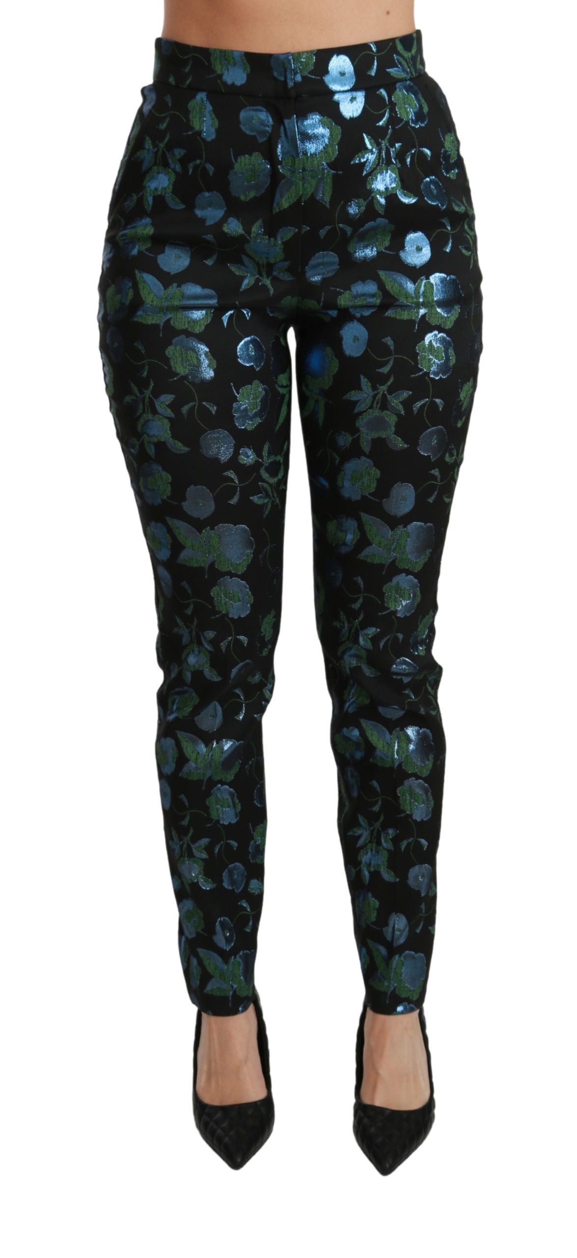 Pantalon slim métallique Dolce & Gabbana bleu vert à motifs floraux, élégant et ajusté, en tissu brillant.