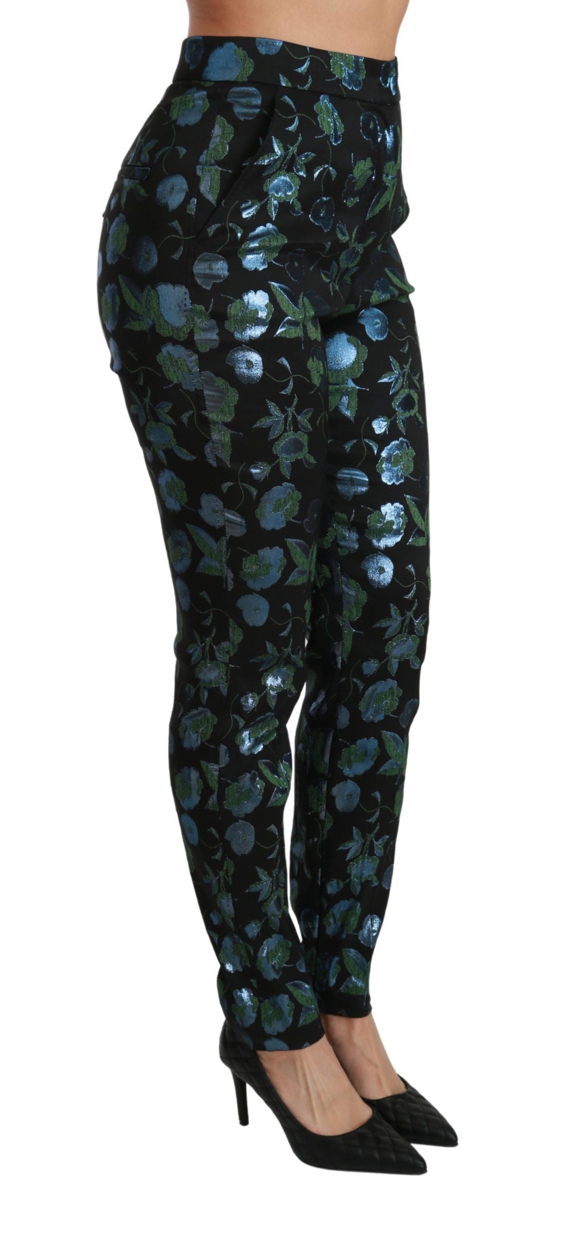 Pantalon slim en métal bleu vert avec motif floral de Dolce & Gabbana, style élégant et tendance.