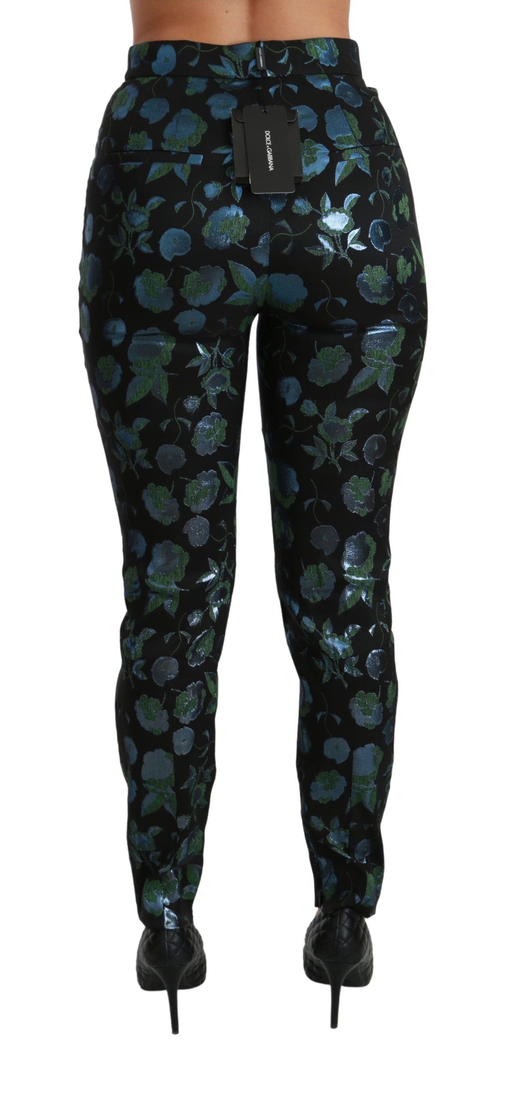 Pantalon slim métallique Dolce & Gabbana bleu vert à motifs floraux, élégant et tendance.