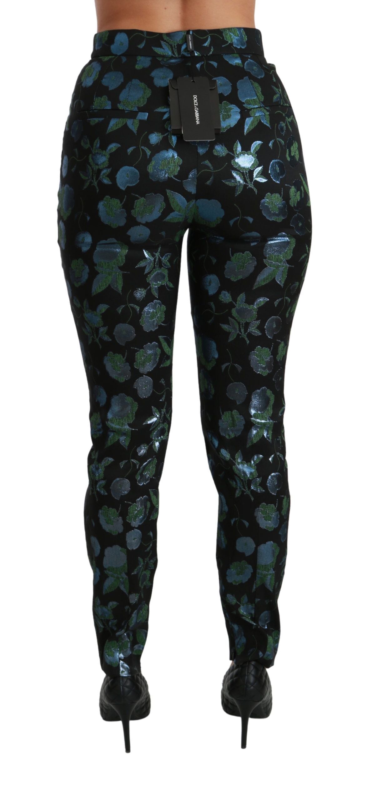 Pantalon slim métallique Dolce & Gabbana bleu vert à motifs floraux, élégant et tendance.