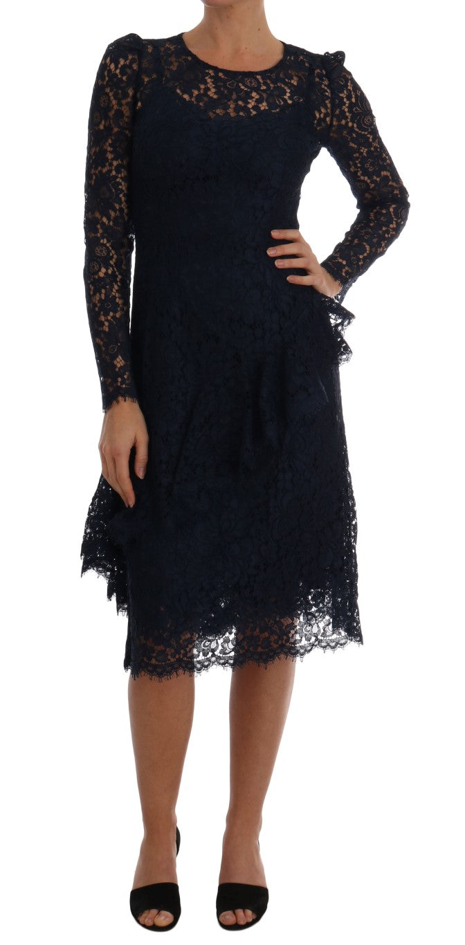 Robe Dolce & Gabbana Taormina bleue en dentelle florale ajustée, détails élégants et tissu délicat visible sur l'image.