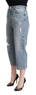 Dolce & Gabbana Blue Tattered Cotton Denim Capri Cropped Jeans - La luxence