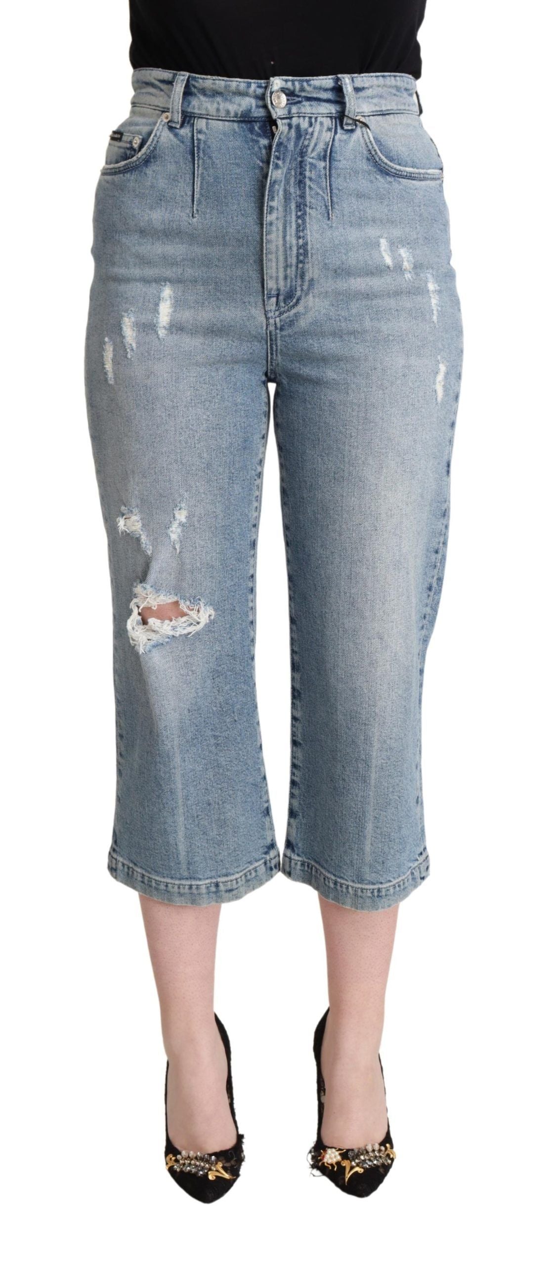Dolce & Gabbana Blue Tattered Cotton Denim Capri Cropped Jeans - La luxence