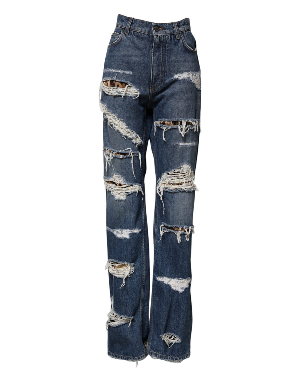 Jeans en denim droit bleu de Dolce & Gabbana avec déchirures et effet usé, en coton, sur un fond neutre.