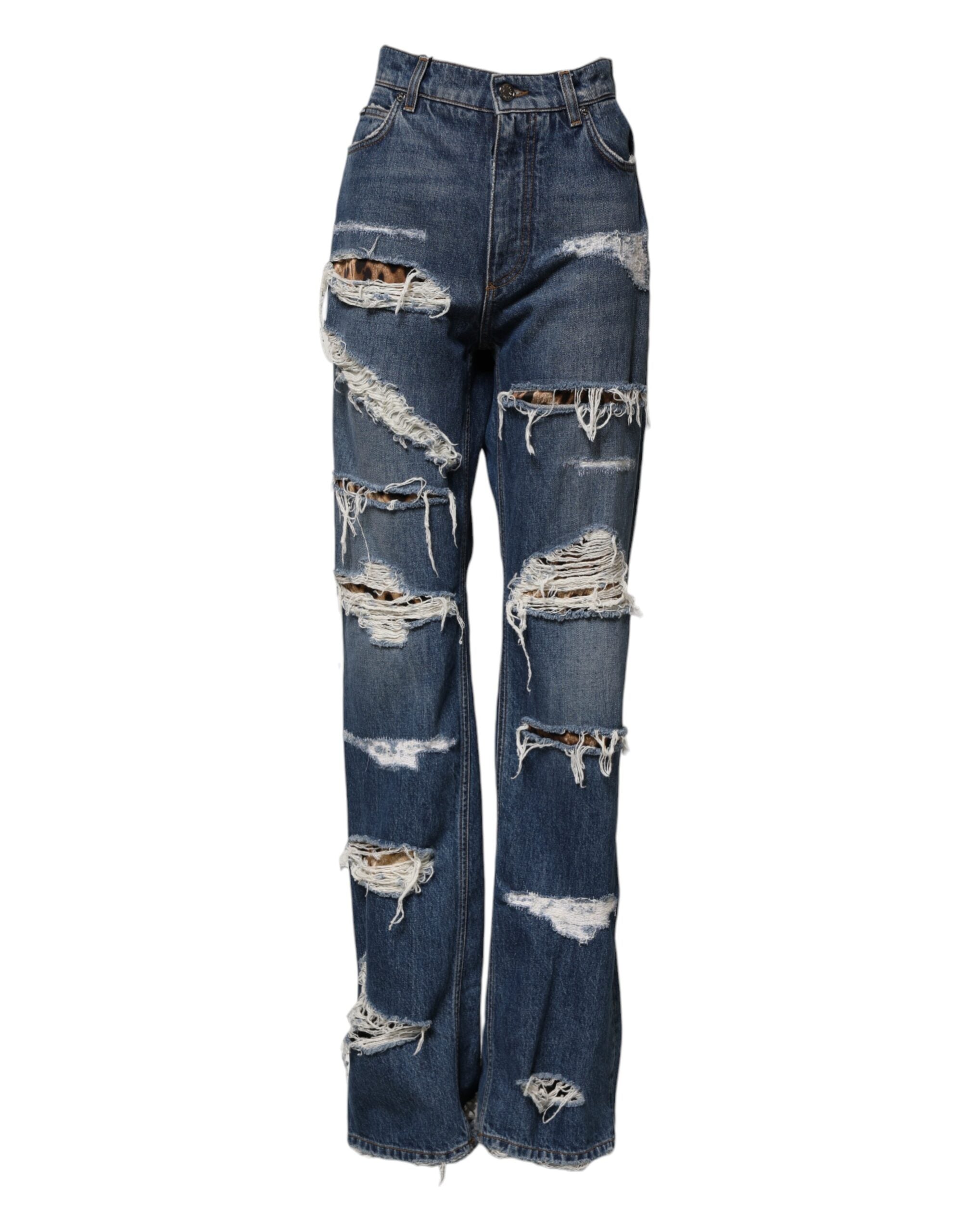 Jeans en denim droit bleu de Dolce & Gabbana avec déchirures et effet usé, en coton, sur un fond neutre.