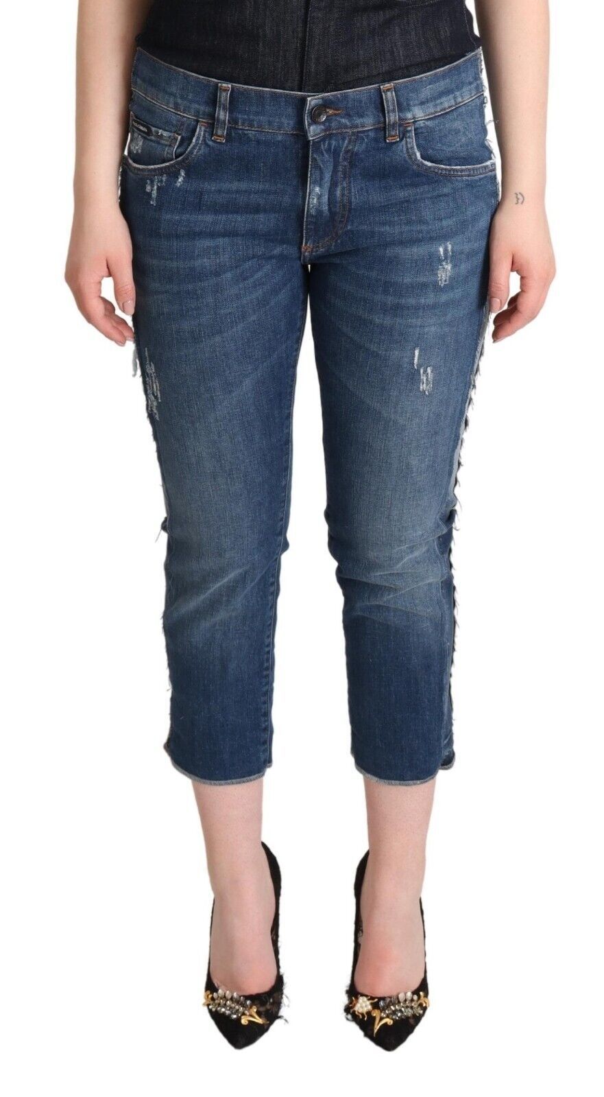Dolce & Gabbana Blue Washed Mid Waist Denim Logo Cropped Jeans - La luxence