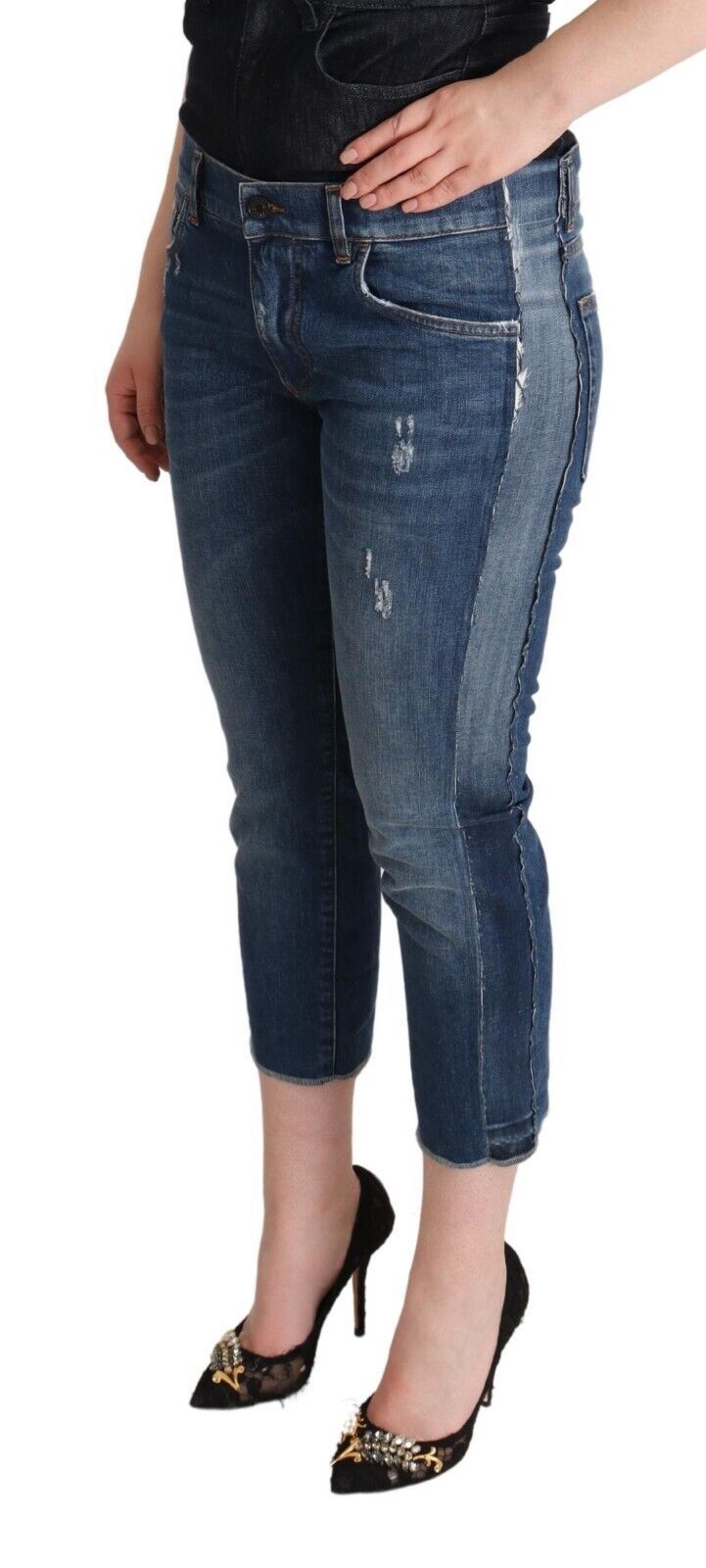 Dolce & Gabbana Blue Washed Mid Waist Denim Logo Cropped Jeans - La luxence