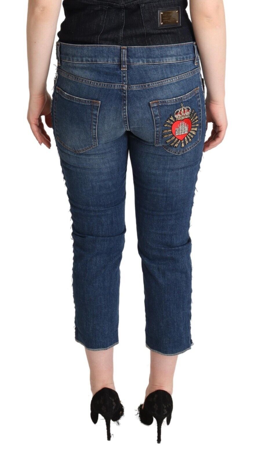 Dolce & Gabbana Blue Washed Mid Waist Denim Logo Cropped Jeans - La luxence