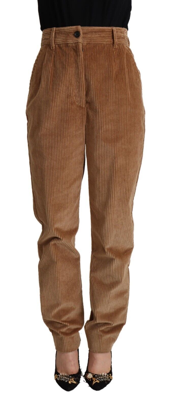 Pantalons skinny en velours côtelé marron en coton de Dolce & Gabbana, taille haute, ajustés et élégants.