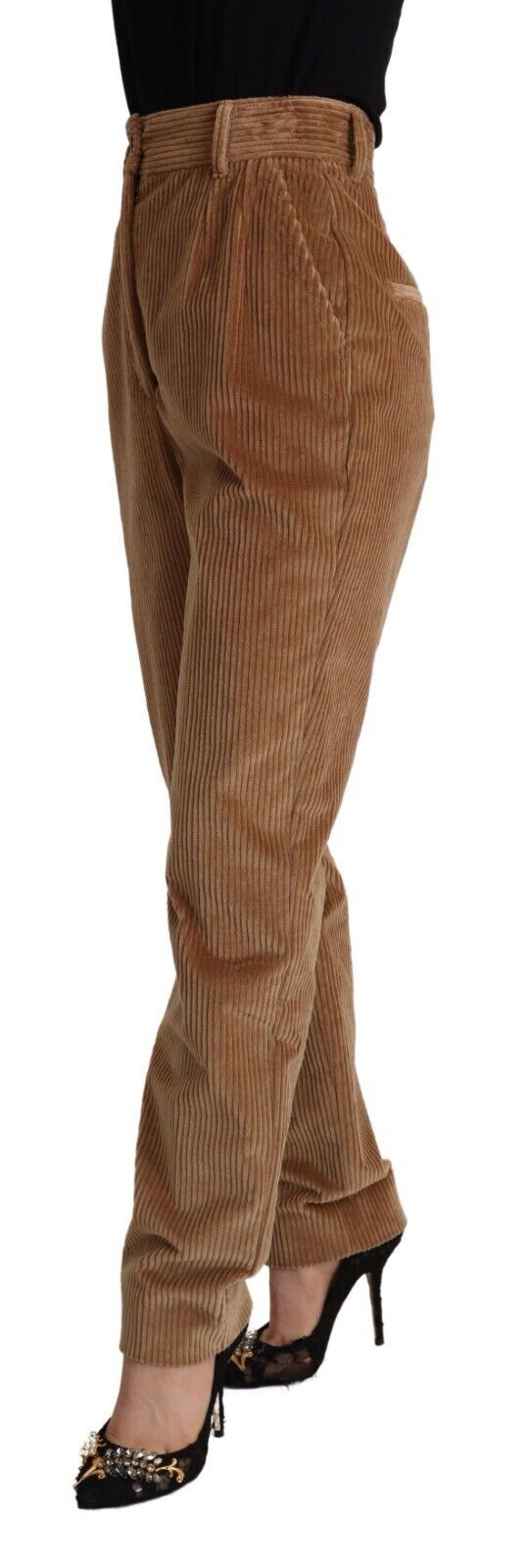 Pantalon skinny en velours côtelé marron en coton de haute taille de Dolce & Gabbana, vue de face.