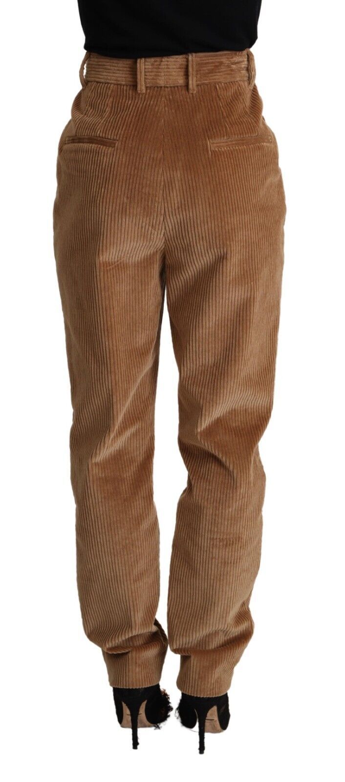 Pantalons skinny en velours côtelé marron en coton de Dolce & Gabbana, taille haute, vue de face sur mannequin.